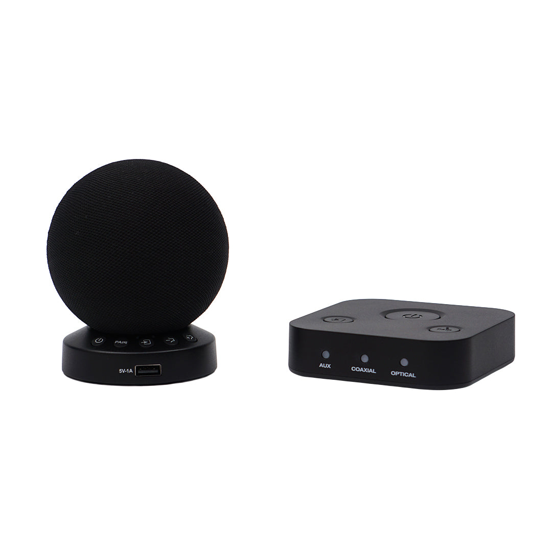 Black Soundball speaker and receiver on a white background