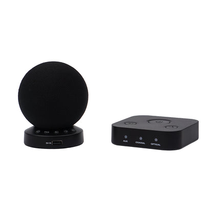 Black Soundball speaker and receiver on a white background